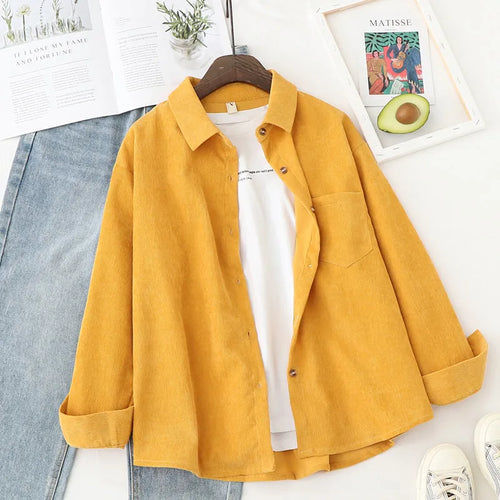 Chemises en velours côtelé pour femmes hauts et chemisiers à manches longues printemps dames couleur unie coupe ample style petit ami