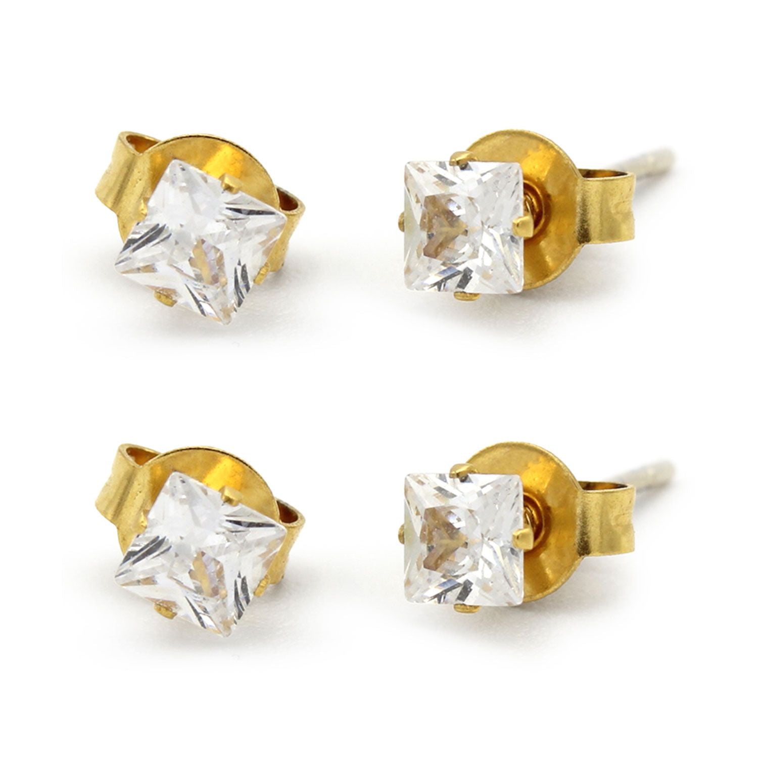 Boucles d'oreilles carrées en oxyde de zirconium plaqué or 14 carats, lot de 2, en acier inoxydable, pour hommes et femmes