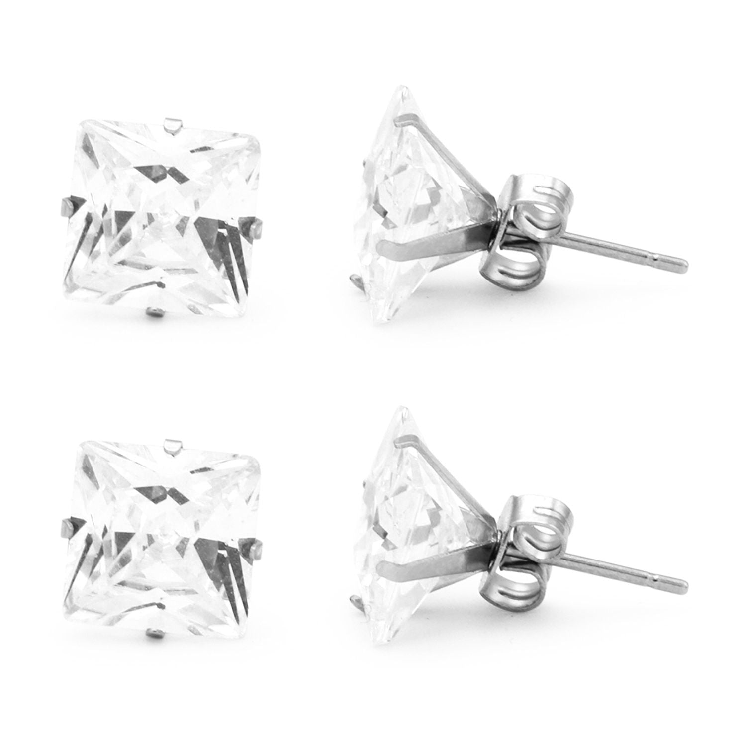 Boucles d'oreilles clous carrées en oxyde de zirconium argenté (lot de 2) en acier inoxydable pour hommes et femmes