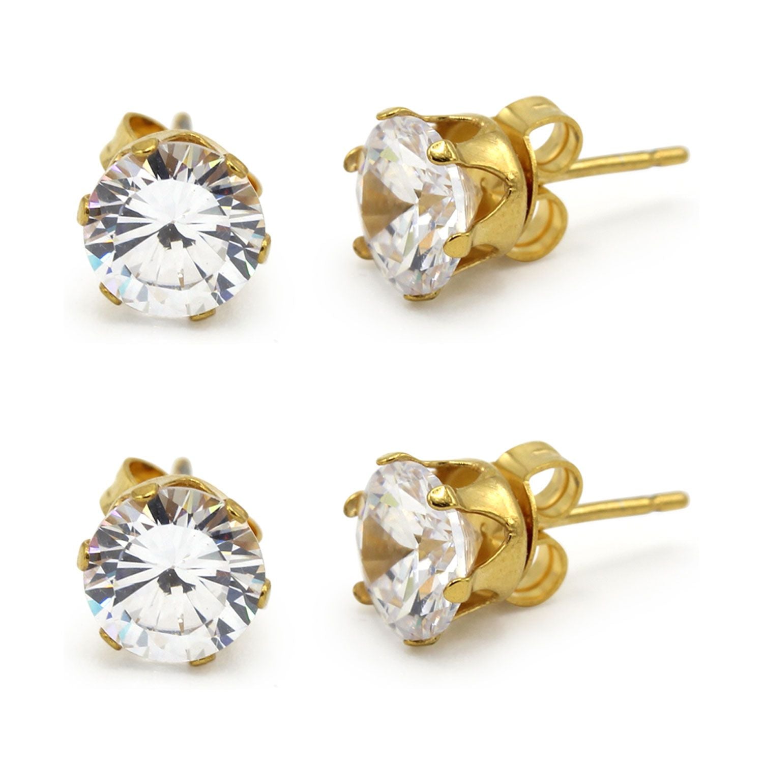 Lot de 2 paires de boucles d'oreilles clous rondes en oxyde de zirconium et acier inoxydable plaqué or 14 carats pour hommes et femmes