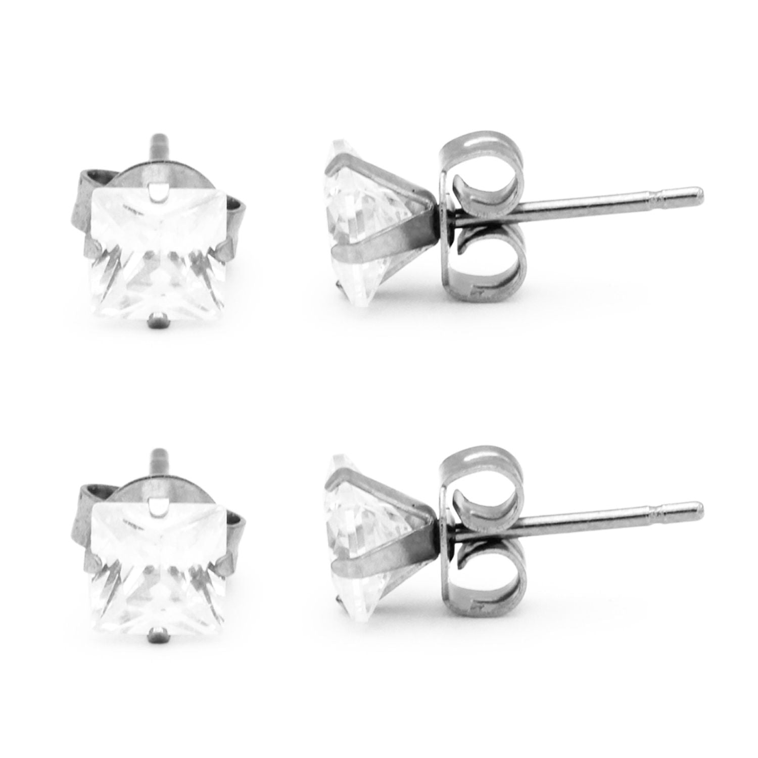 Boucles d'oreilles clous carrées en oxyde de zirconium argenté (lot de 2) en acier inoxydable pour hommes et femmes
