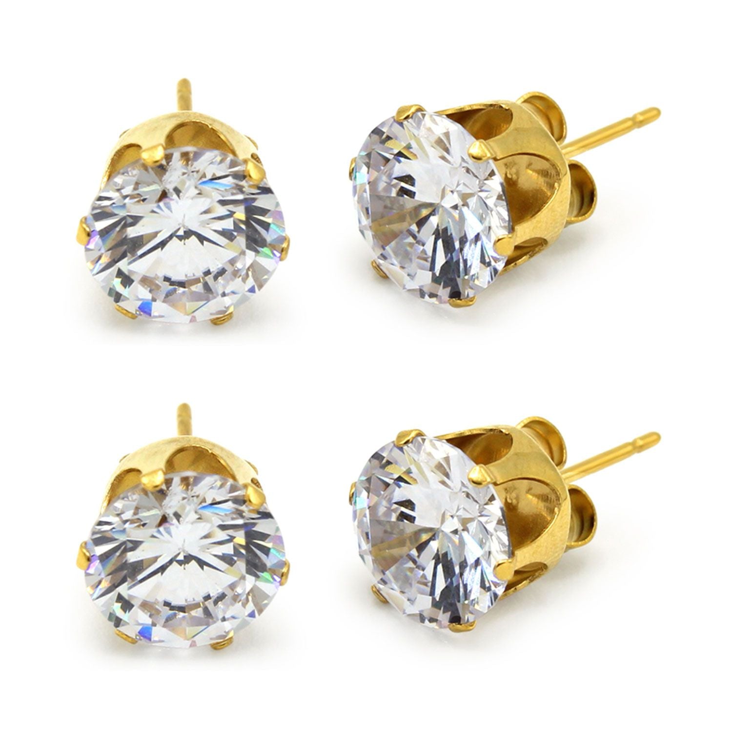 Lot de 2 paires de boucles d'oreilles clous rondes en oxyde de zirconium et acier inoxydable plaqué or 14 carats pour hommes et femmes