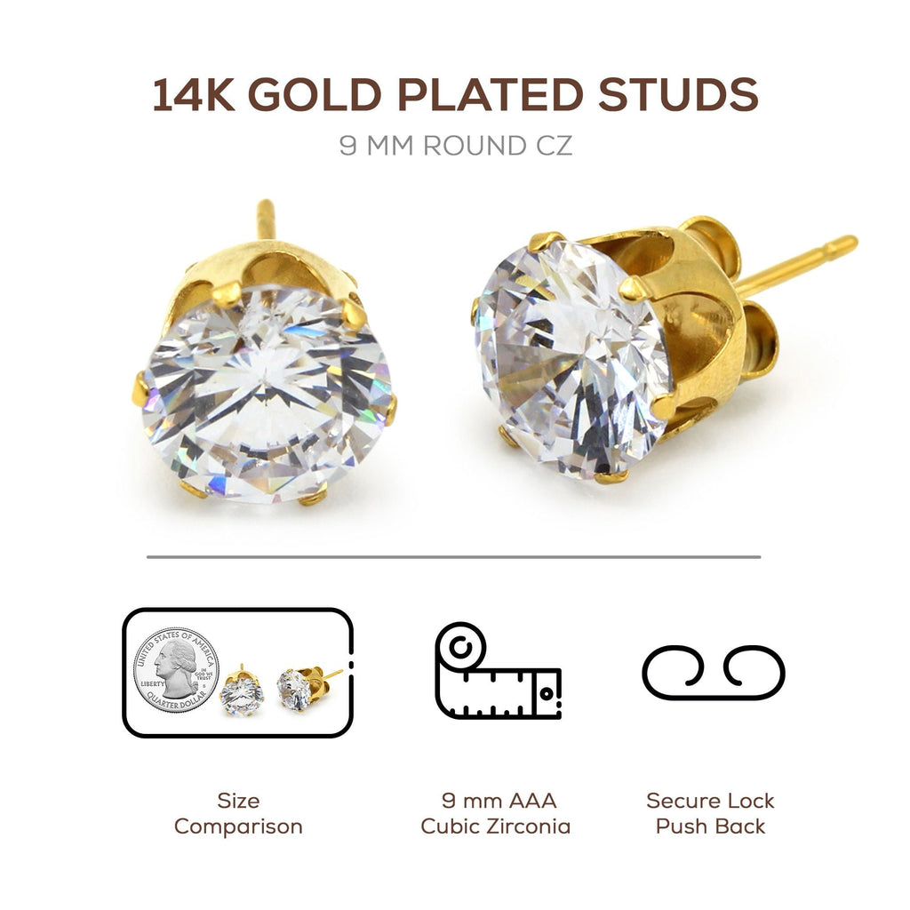 Cubic Zirconia Round 14K Gold Plated Stud Earrings Set Of 2 Stainless Steel Jewelry Men Women