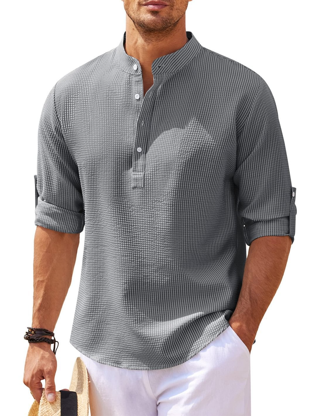 Chemise boutonnée à col montant Homme Texture Ananas Été Décontracté Vêtements pour hommes