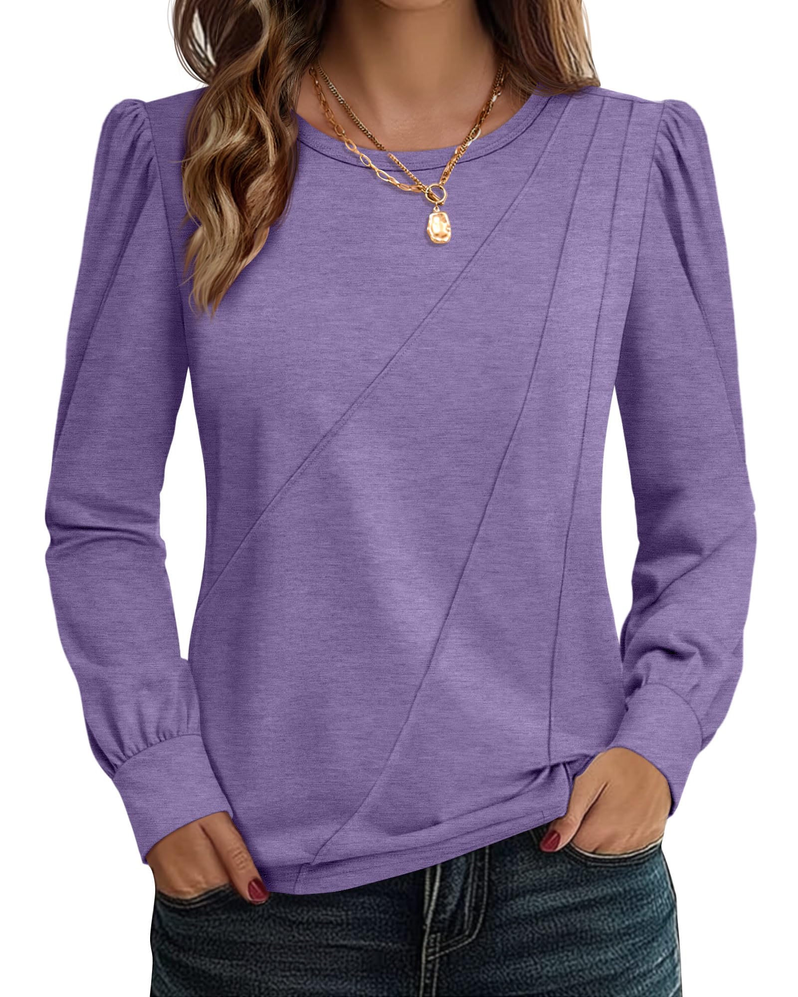 Plus Size : Ficerd Womens Puff Long Sleeve Tops Dressy Casual Shirts Crew Neck Loose Fit Pleated Blouses 2025 Fashion Business Clothes(PurpleXL)