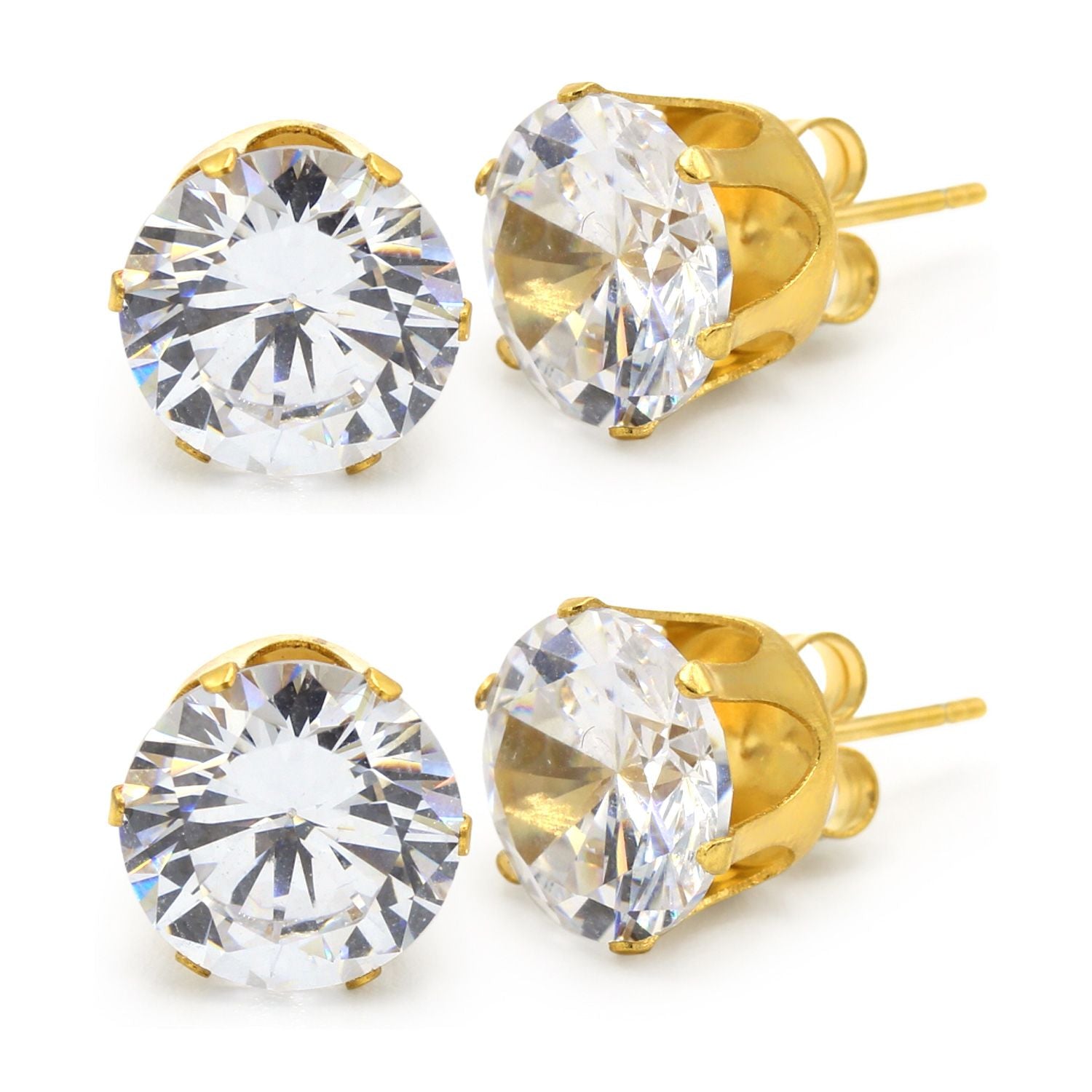 Lot de 2 paires de boucles d'oreilles clous rondes en oxyde de zirconium et acier inoxydable plaqué or 14 carats pour hommes et femmes