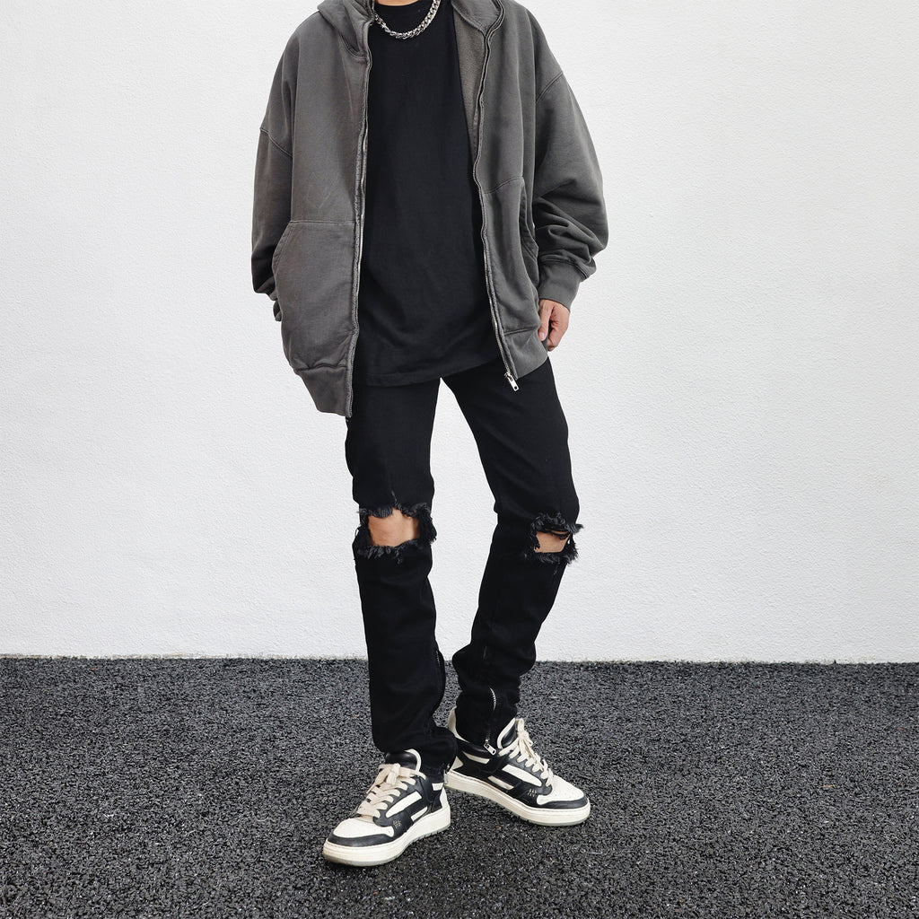 Loose Fit Black Denim Pants with Knee Rips and Zippers