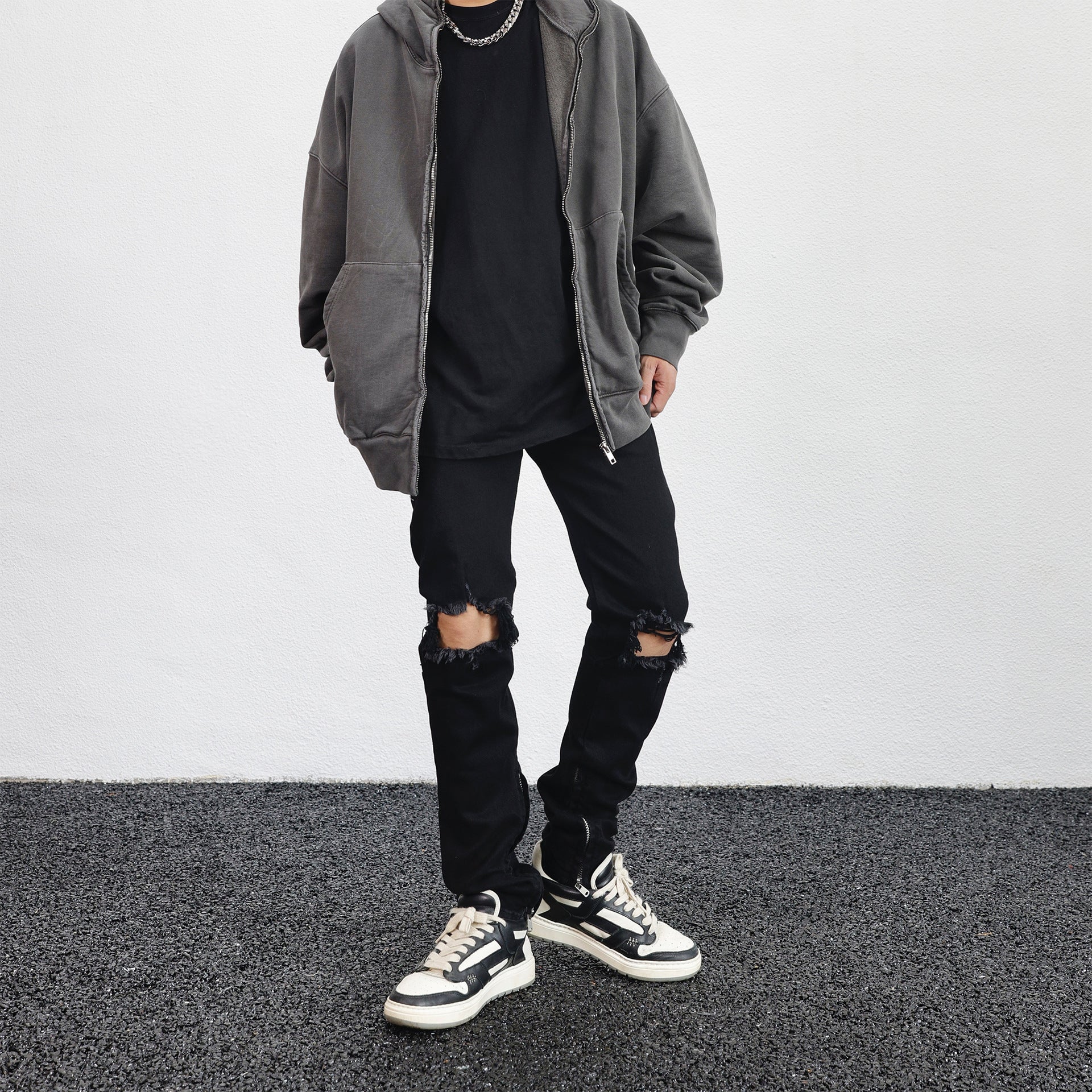 Loose Fit Black Denim Pants with Knee Rips and Zippers