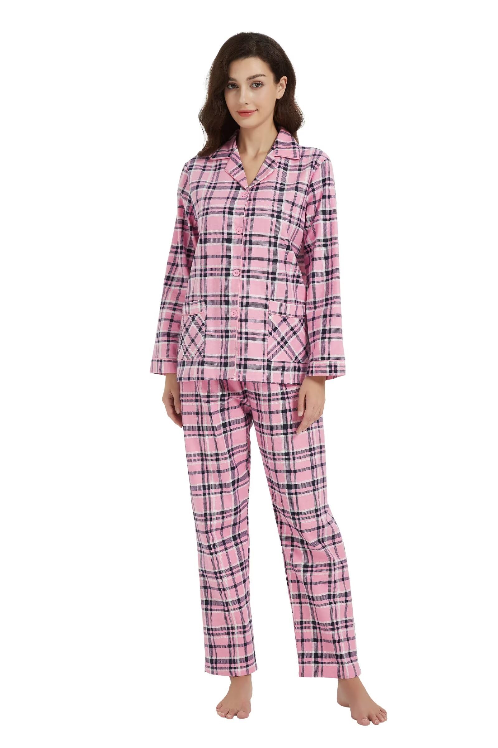 Plus Size : kolipajam cotton flannel pajamas for women 100% cotton flannel pajamas set soft PJS cozy womens loungewear Pink Plaid