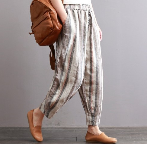Harem Linen Pants with Artistic Stripes, Vintage Cotton