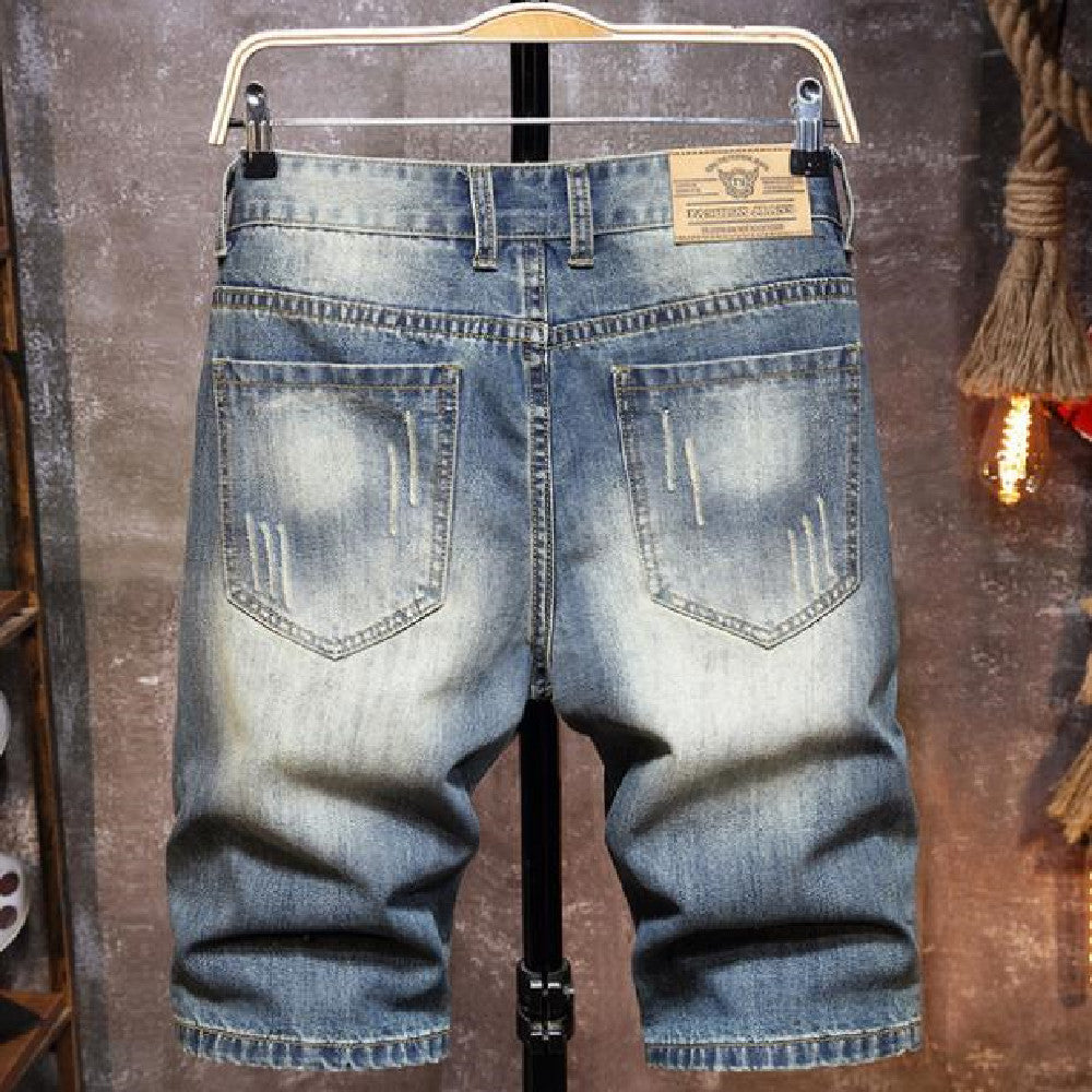 Men's Casual Knee-Length Jean Shorts with Distressed Details