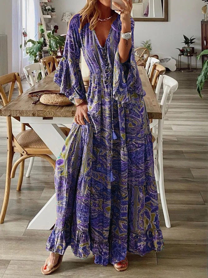 2023 Bohemian Floral Print Maxi Dress with V-Neck