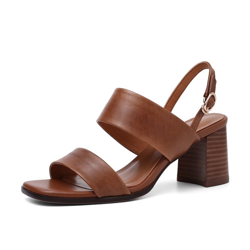 Chunky Heel Square Toe Sheepskin Buckle Sandals