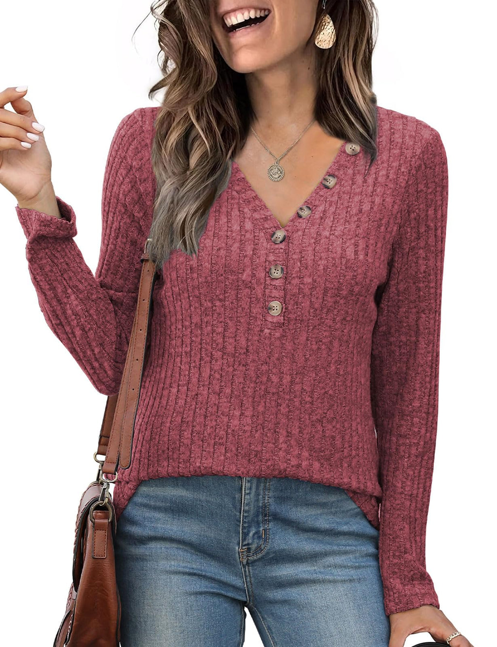 Plus Size : Viracy Womens Lightweight Sweaters Tunic Tops Long Sleeve Shirts V Neck Button Down Blouses Casual Business Wine Red-XL
