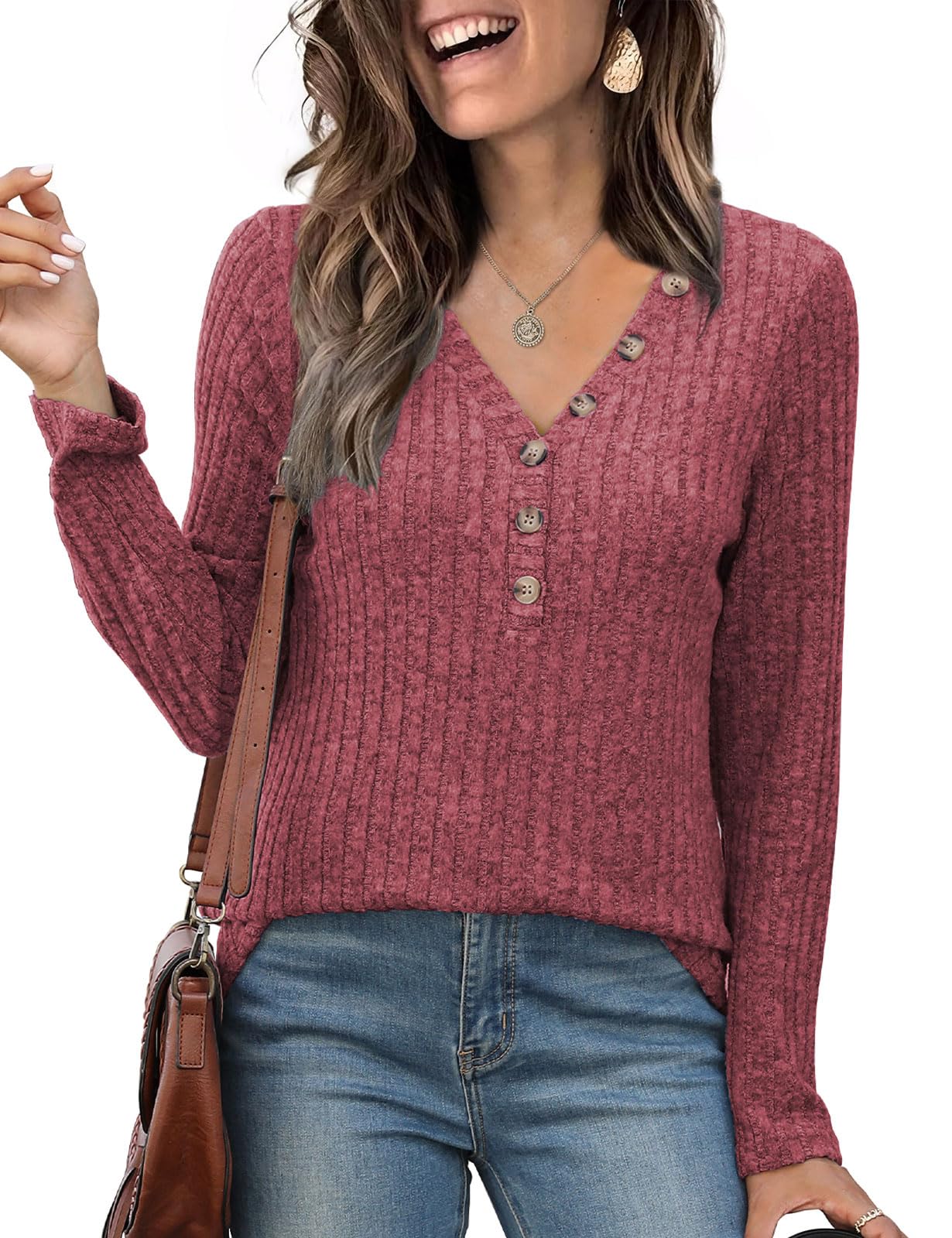 Plus Size : Viracy Womens Lightweight Sweaters Tunic Tops Long Sleeve Shirts V Neck Button Down Blouses Casual Business Wine Red-XL