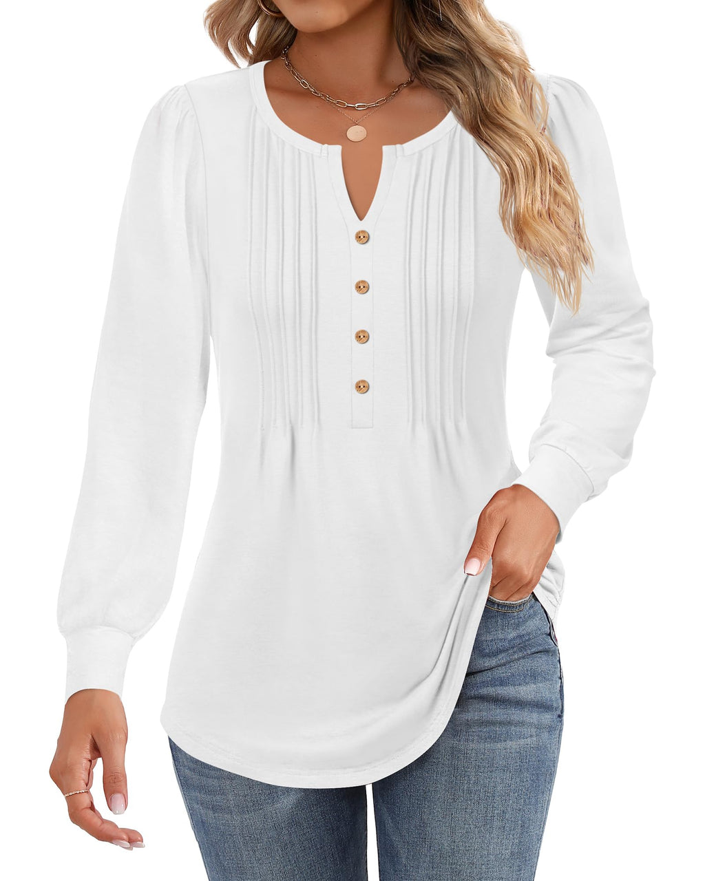 Ficerd Womens Tunic Tops Button V Neck Puff Long Sleeve Pleated Blouses 2025 Dressy Casual Shirts Loose Fit(WhiteL)