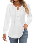 Ficerd Womens Tunic Tops Button V Neck Puff Long Sleeve Pleated Blouses 2025 Dressy Casual Shirts Loose Fit(WhiteL)