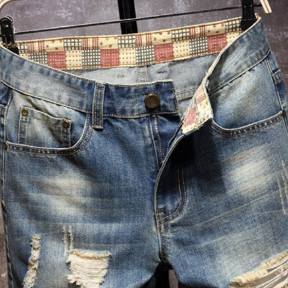 Men's Casual Knee-Length Jean Shorts with Distressed Details