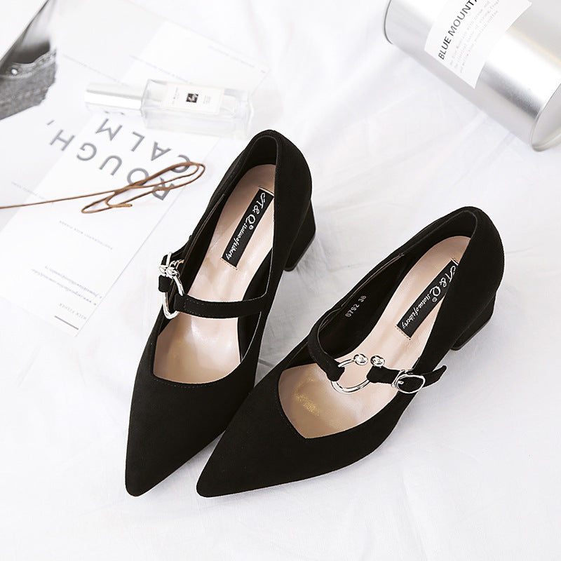 Chunky Heel Suede Women's High Heels with Metal Buckle