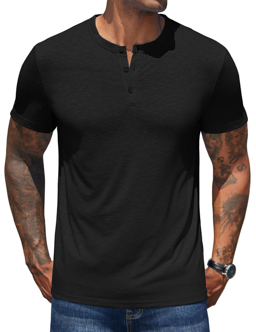COOFANDY Chemises Henley pour homme Manches courtes T-shirt basique décontracté Henley Été Boutons Léger Extensible T-shirts Noir