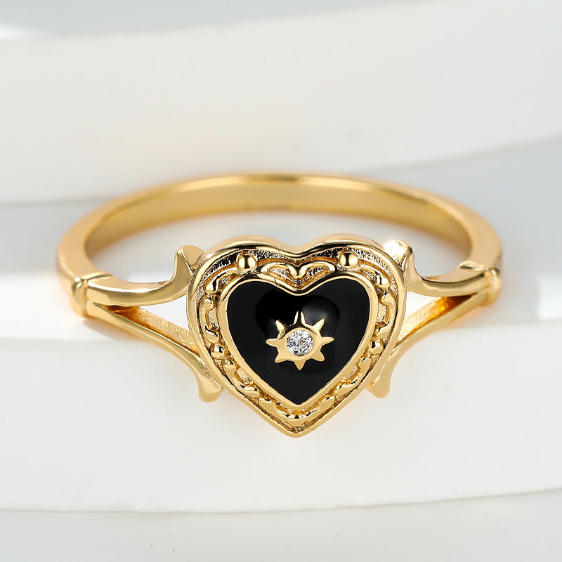 Gothic Black Enamel Heart Drop Ring in Fashion Style
