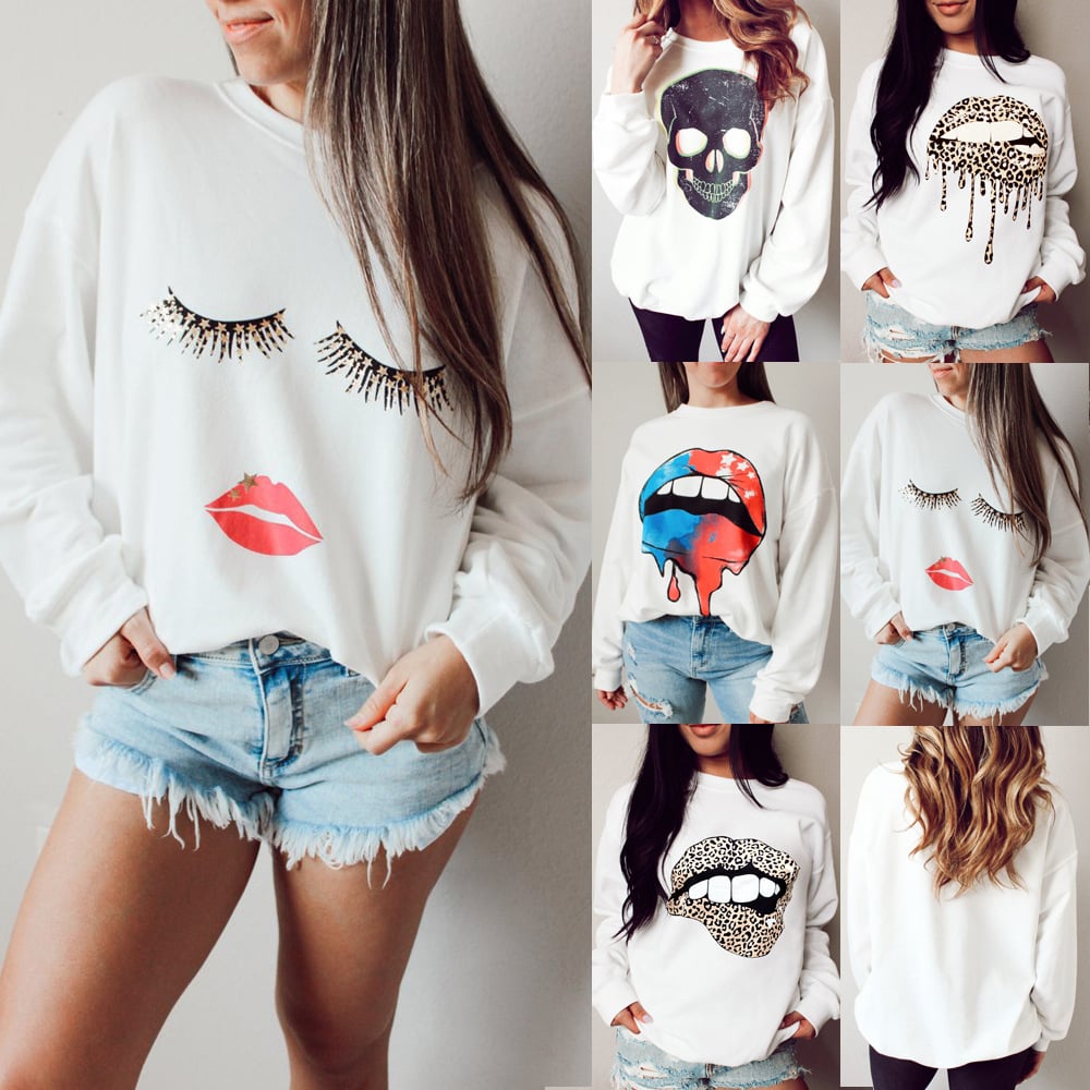 Sweat-shirt ample à manches longues avec motif lèvres
