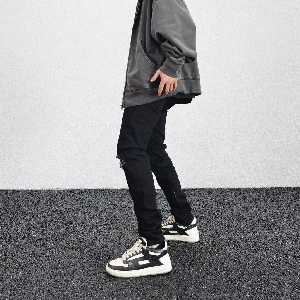 Loose Fit Black Denim Pants with Knee Rips and Zippers