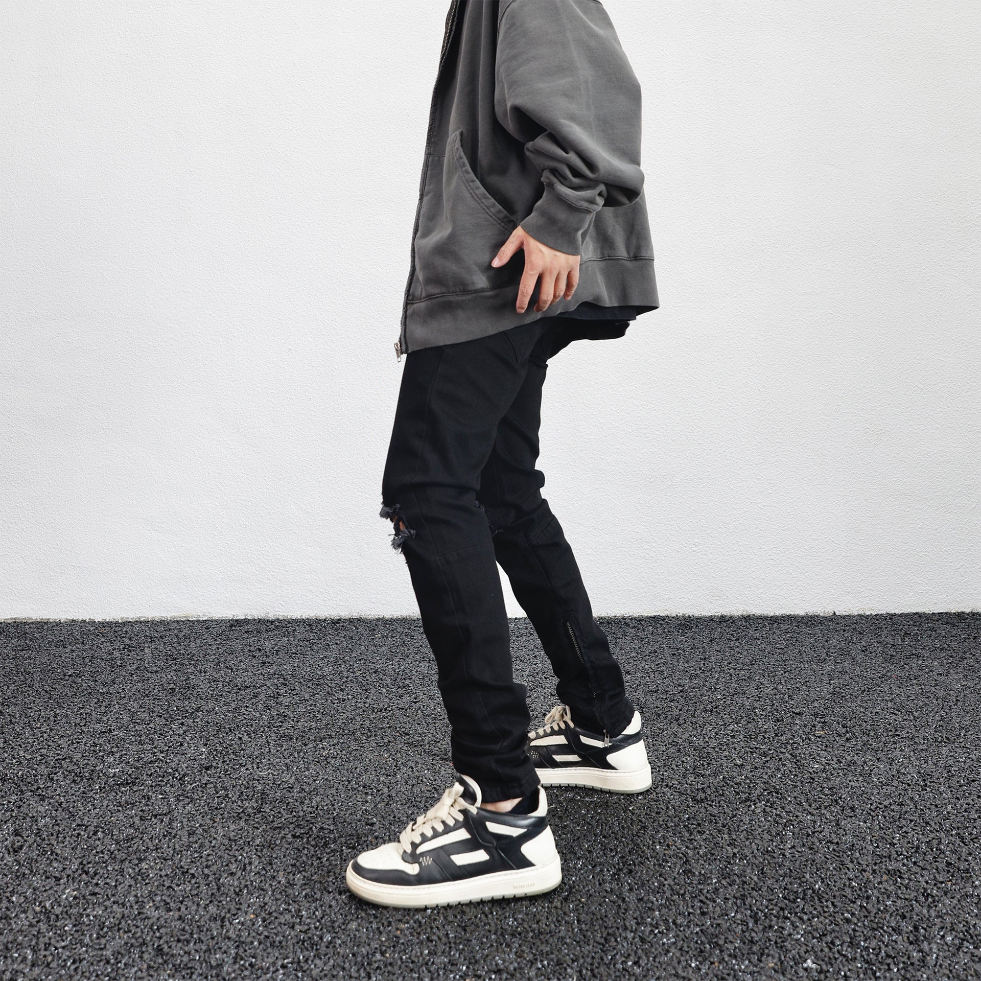 Loose Fit Black Denim Pants with Knee Rips and Zippers