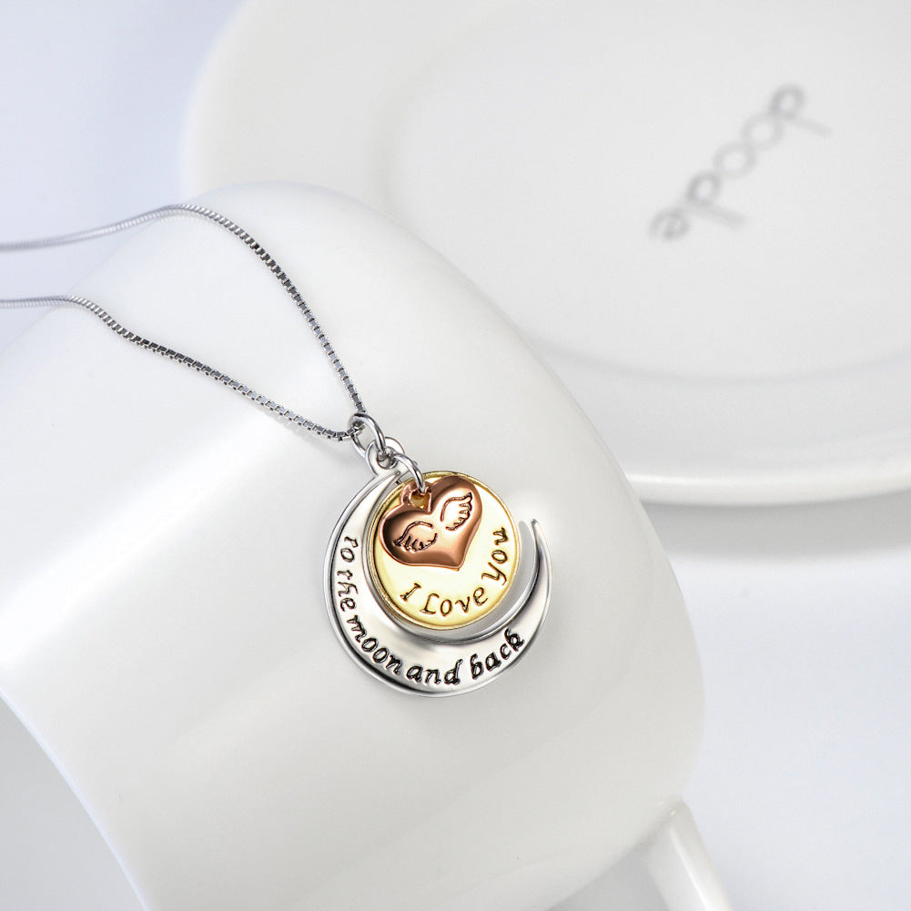 S925 Silver Necklace with Heart Moon Pendant and Engraving
