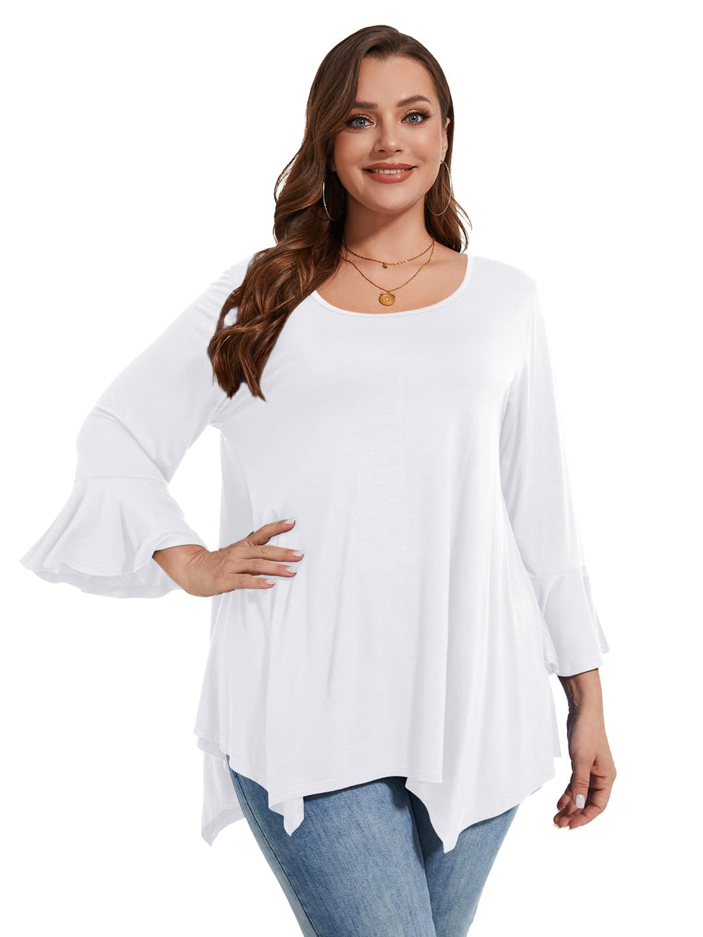 Plus Size : LARACE 3/4 Sleeve Womens Tops Plus Size Crew Neck Tunic Tops Dressy Casual Ruffle Sleeve Shirts Blouses(1XWhite)