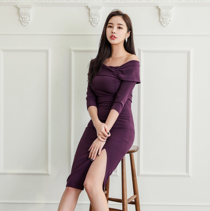 One-Shoulder Pleated Bodycon Dress with Slit