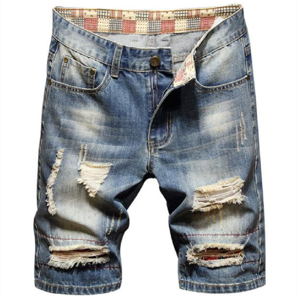 Men's Casual Knee-Length Jean Shorts with Distressed Details