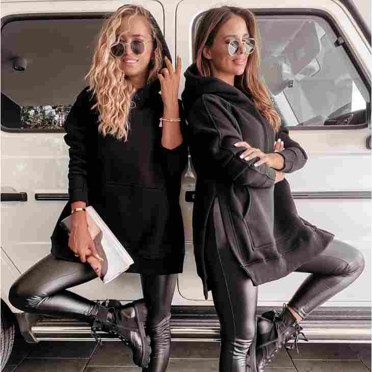 Women's Long Sleeve Hooded Sweater with Side Slits
