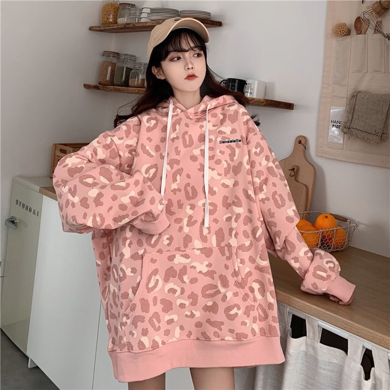 Leopard Print Loose Hoodie with Velvet Padding