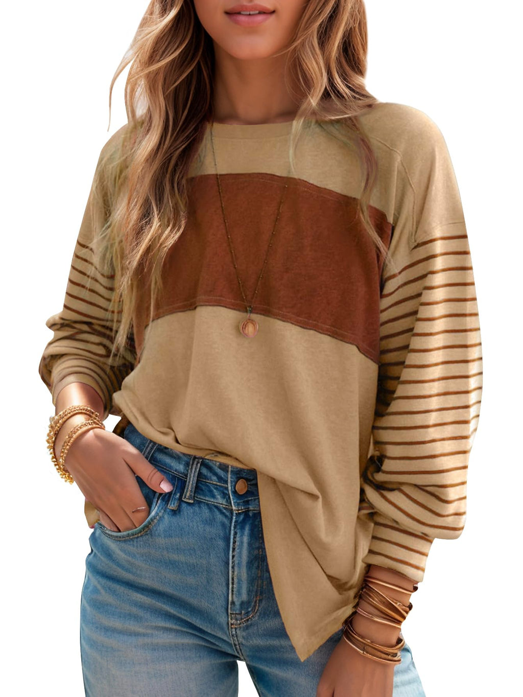 Plus Size : Jenbou Long Sleeve Shirts for Women Fall Tops 2024 Color Block Striped T Shirts Tunic Tops Oversized Crew Neck Tees Khaki