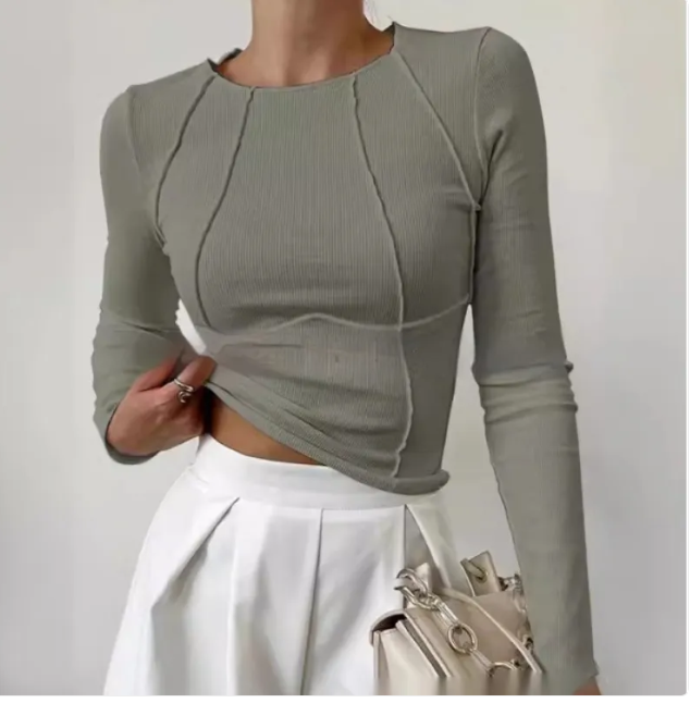 Haut en maille à col montant, fendu et tricoté pour femme, à manches longues et de couleur unie