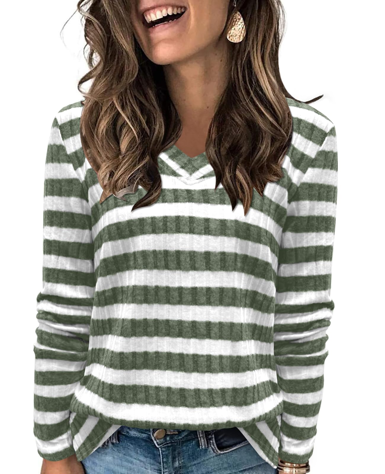 Plus Size : DouBCQ Womens Plus Size Long Sleeve Striped Shirts Casual V Neck Tunic Tops Fashion Loose Fall Sweaters (Dark Green Stripe2XL)