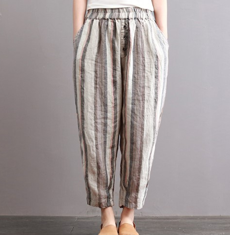 Harem Linen Pants with Artistic Stripes, Vintage Cotton