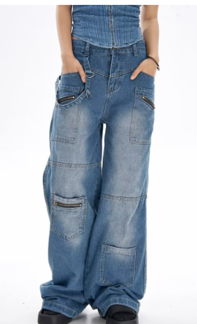 Multi-Pocket Loose High Waist Wide Leg Jeans