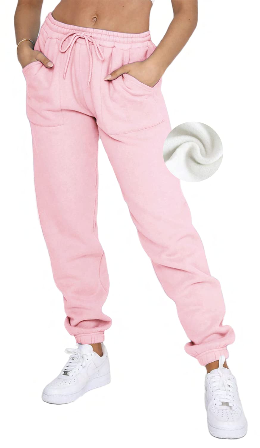 DISCIPBUSH Fleece Lined Womens Sweatpants - High Waisted Joggers for Women Cotton Drawstring Baggy Sweats Women Pants Pink S