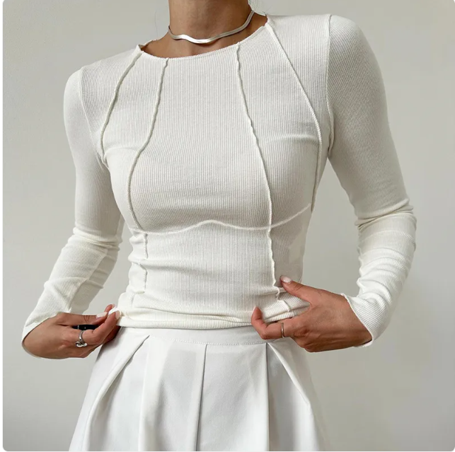 Haut en maille à col montant, fendu et tricoté pour femme, à manches longues et de couleur unie