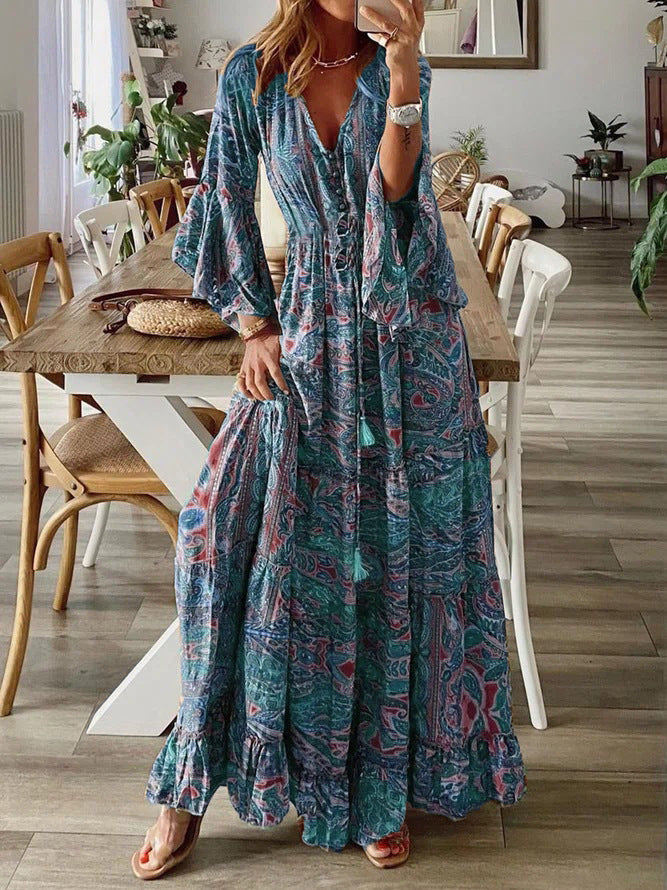 2023 Bohemian Floral Print Maxi Dress with V-Neck