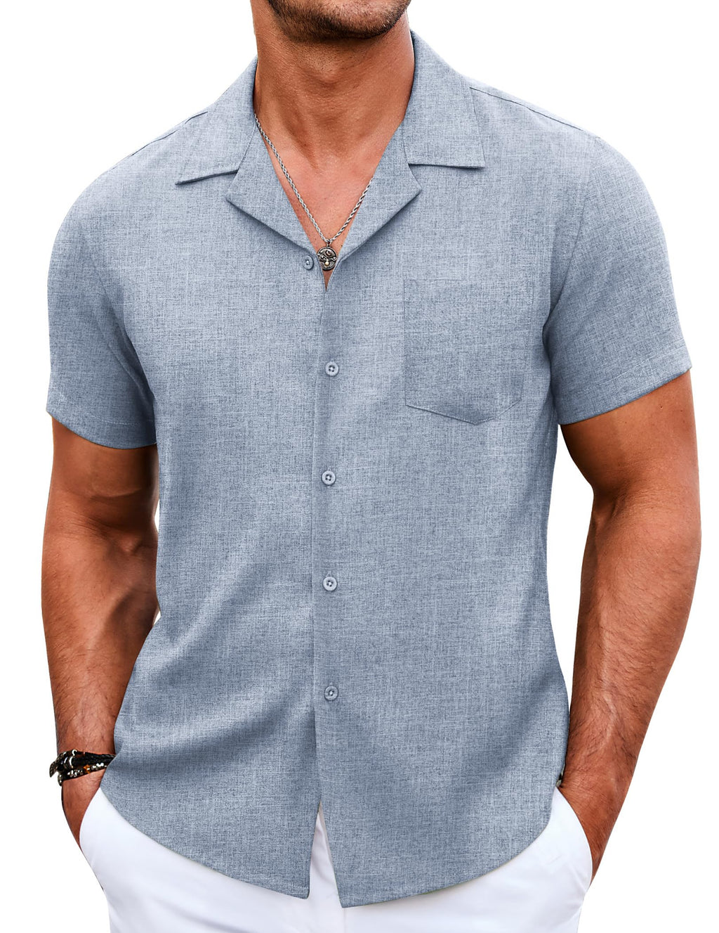 COOFANDY Mens Cuban Guayabera Shirt Short Sleeve Linen Beach Shirts Casual Button Up Shirts Textured Shirts Light Blue