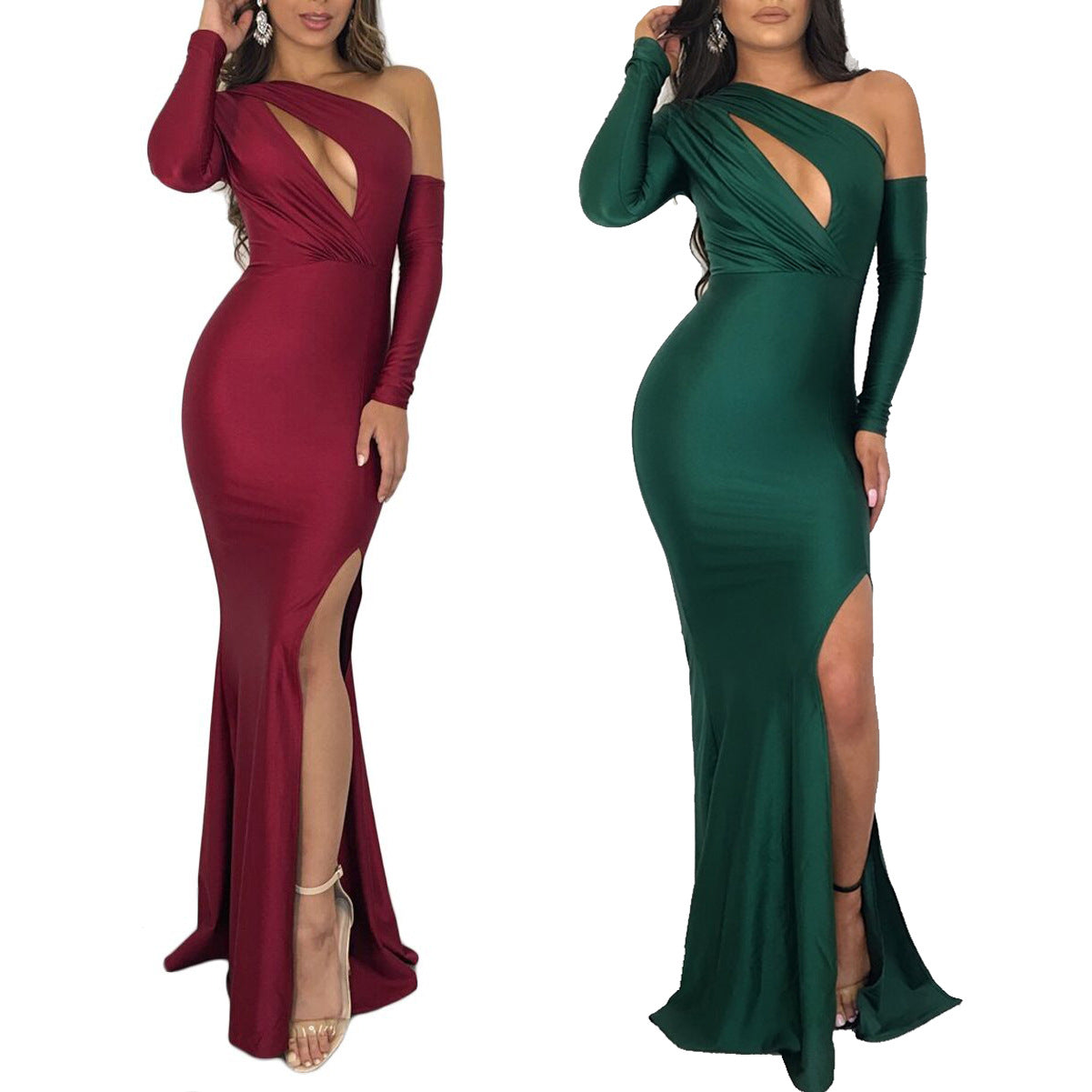 Sexy One-Shoulder Dress with Slit and Hollow Design