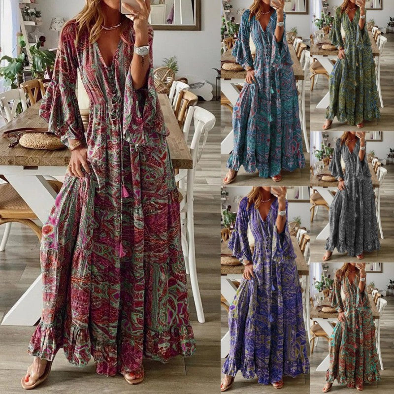 2023 Bohemian Floral Print Maxi Dress with V-Neck
