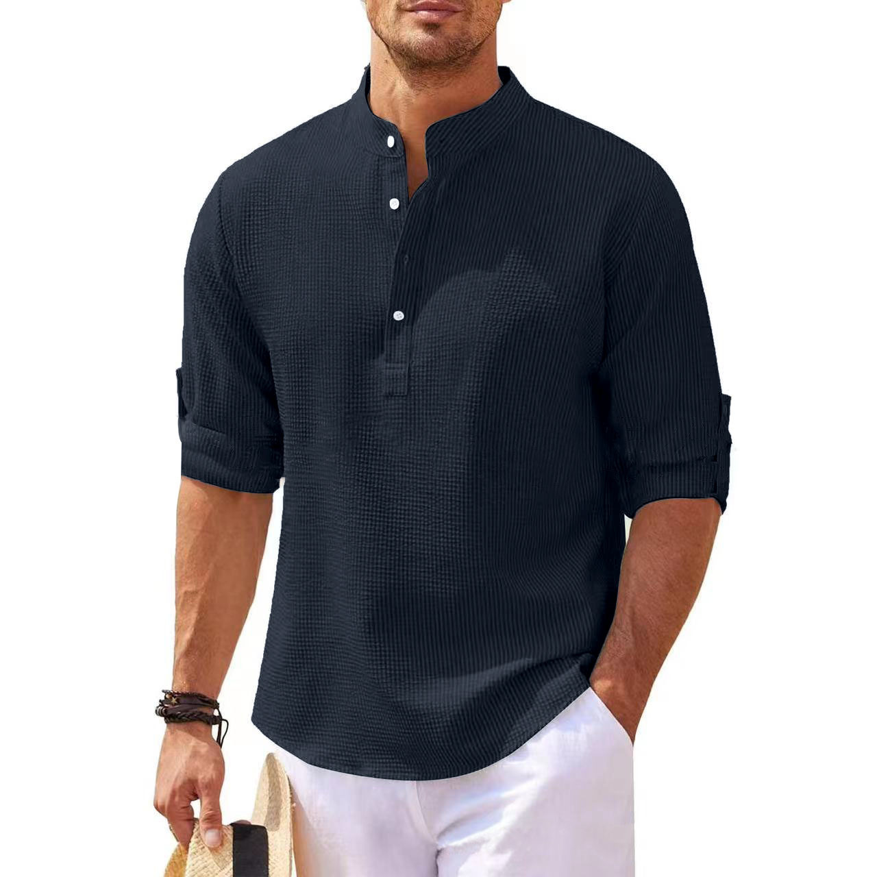 Chemise boutonnée à col montant Homme Texture Ananas Été Décontracté Vêtements pour hommes