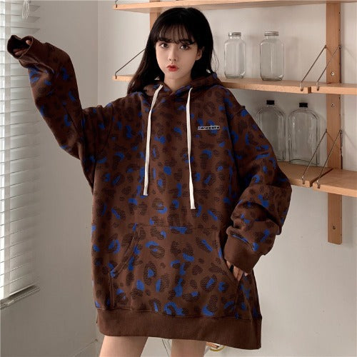 Leopard Print Loose Hoodie with Velvet Padding