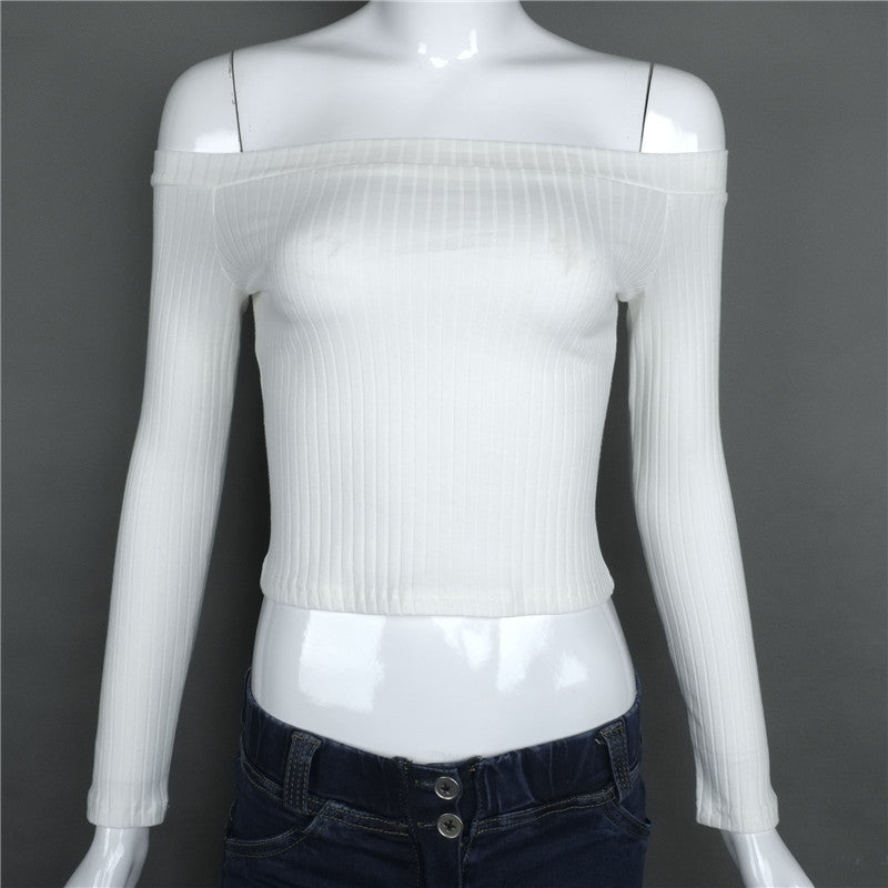 Cross-Border Autumn Women’s Solid Color Off-Shoulder Tee