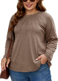 Plus Size : XAKALAKA Long Sleeve Shirts For Women Plus Size Crew Neck Pleated Tunic Tops Dressy Casual T Shirts Fall Clothes Khaki 3X