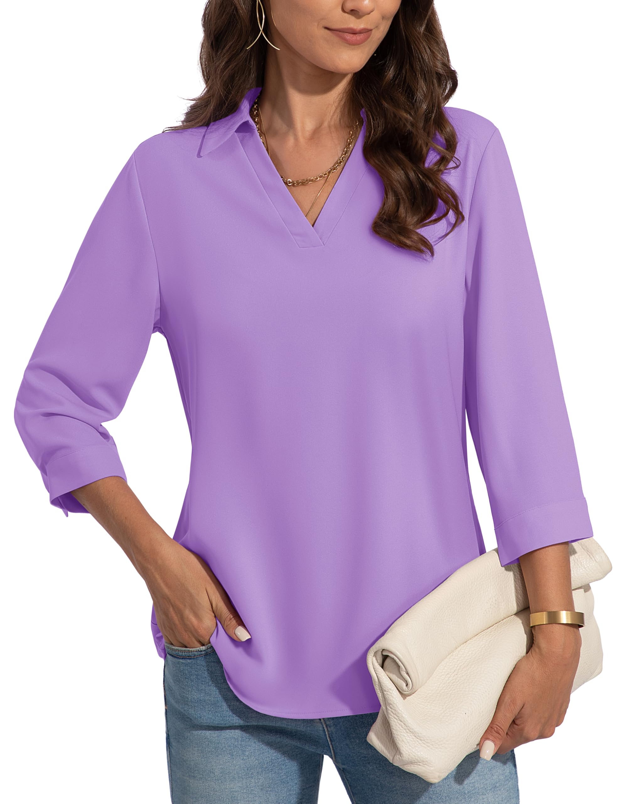Plus Size : YUCOLEN Womens 3/4 Sleeve Tops Dressy Casual Business V Neck Chiffon Office Shirts Work Blouses Light Purple